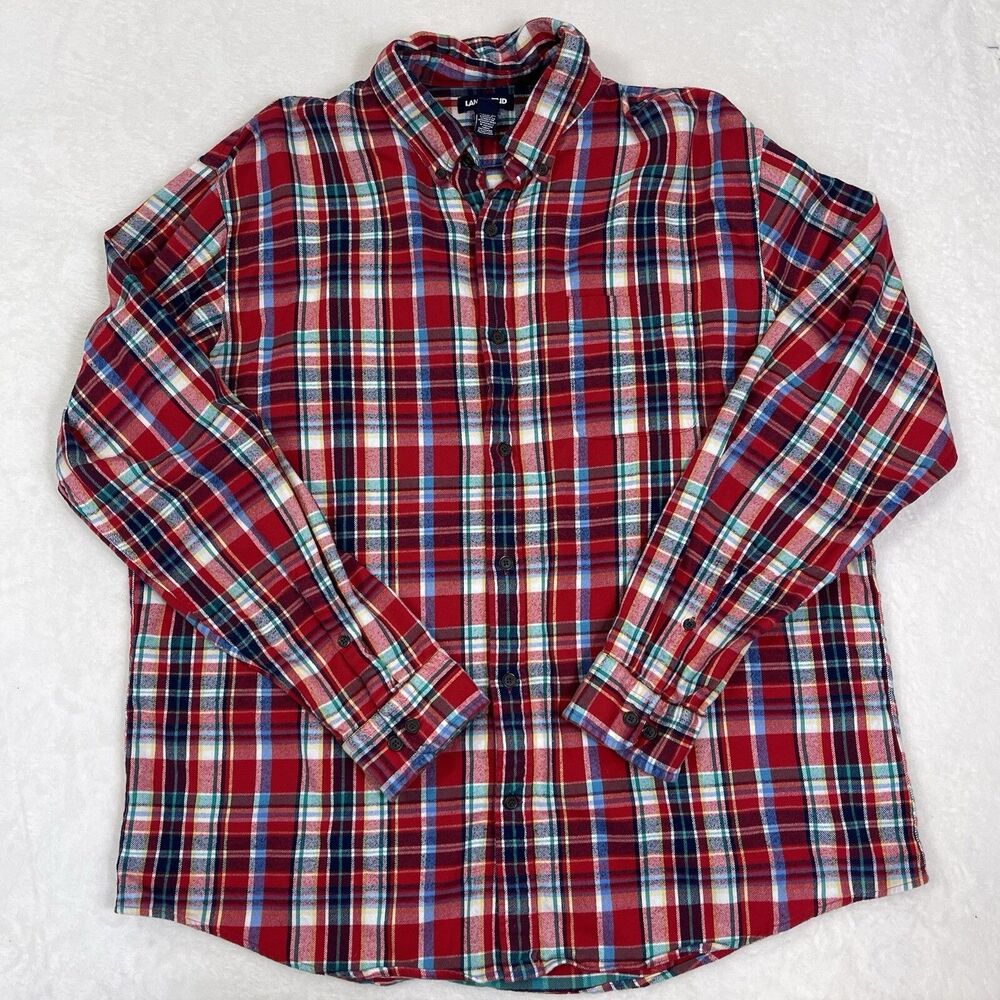 Lands End Flagship Flannel Shirt Mens XL Red Plaid 17-17.5 Traditional Fit